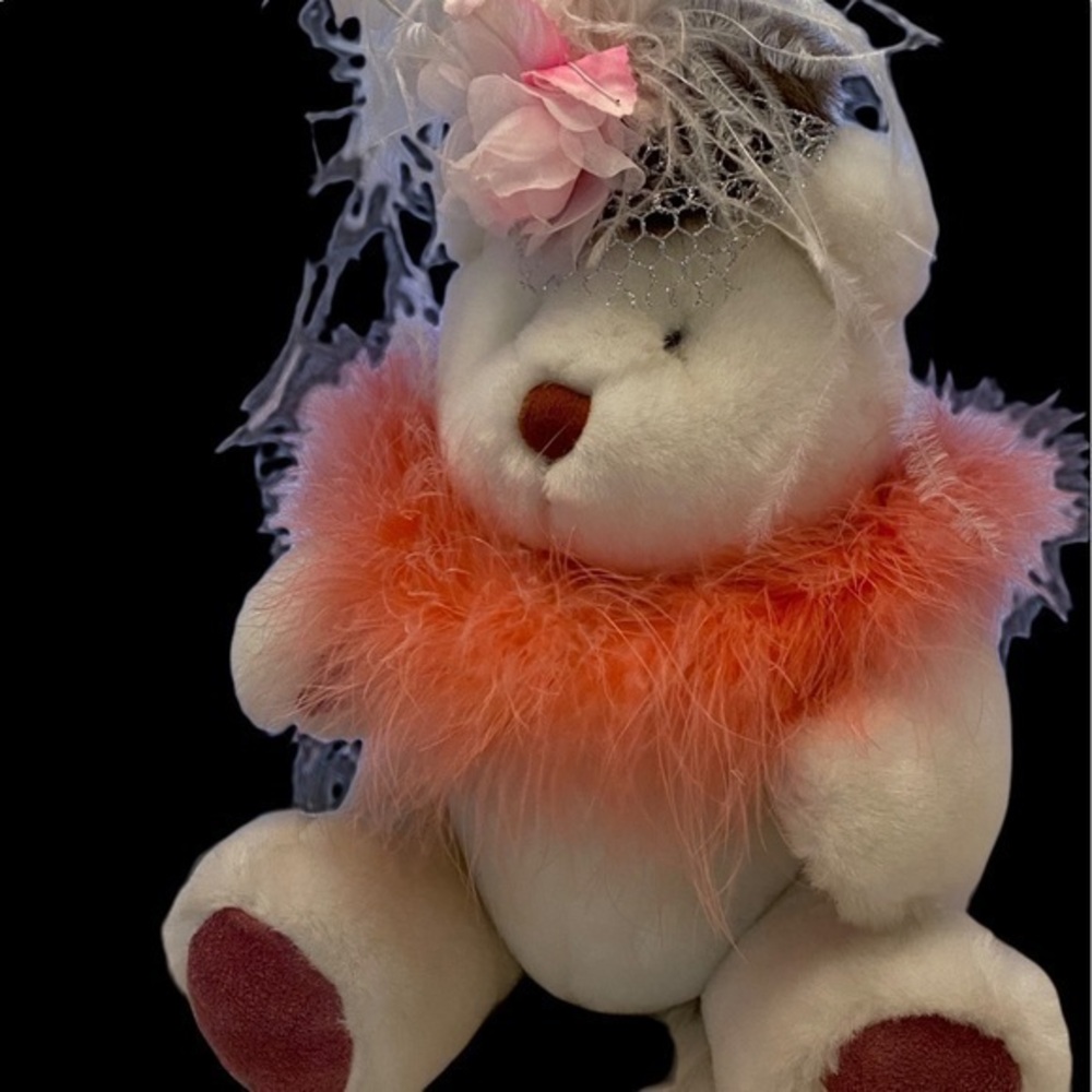 ADORABLE WHITE BEAR OUTFITTED WITH TAN HAT AND PINK ROSE WITH VEIL